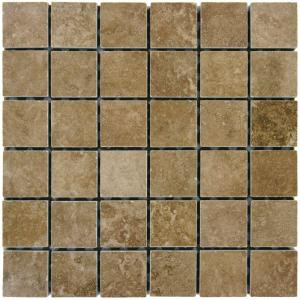 MS International Travertino Walnut 12 in. x 12 in. x 10 mm Porcelain Mesh-Mounted Mosaic Floor and Wall Tile (8 sq. ft. / case)-NTRAVWALMOT2X2 202194544